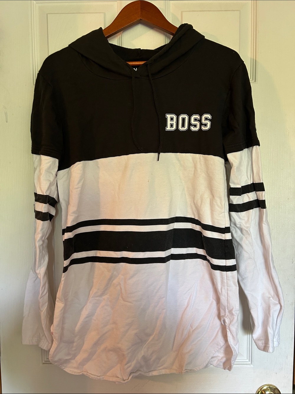 On Fire Black and White “I’m not Bossy I’m the Boss “ Hoodie with Stripe Detail